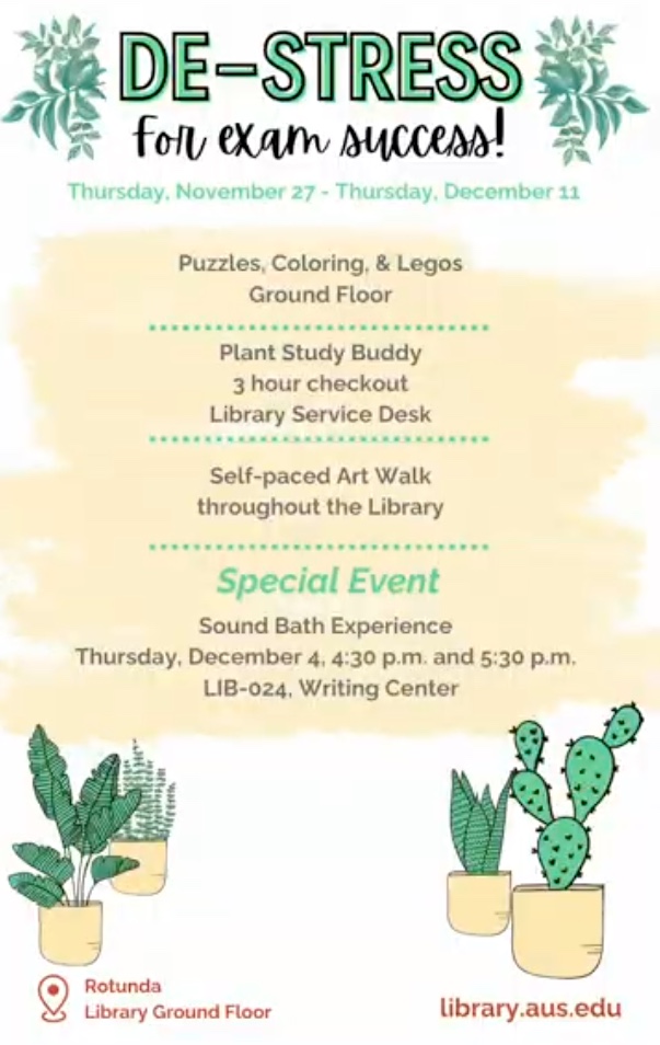 Destress for exam success poster.  List of features and events. Pictures of potted plants
