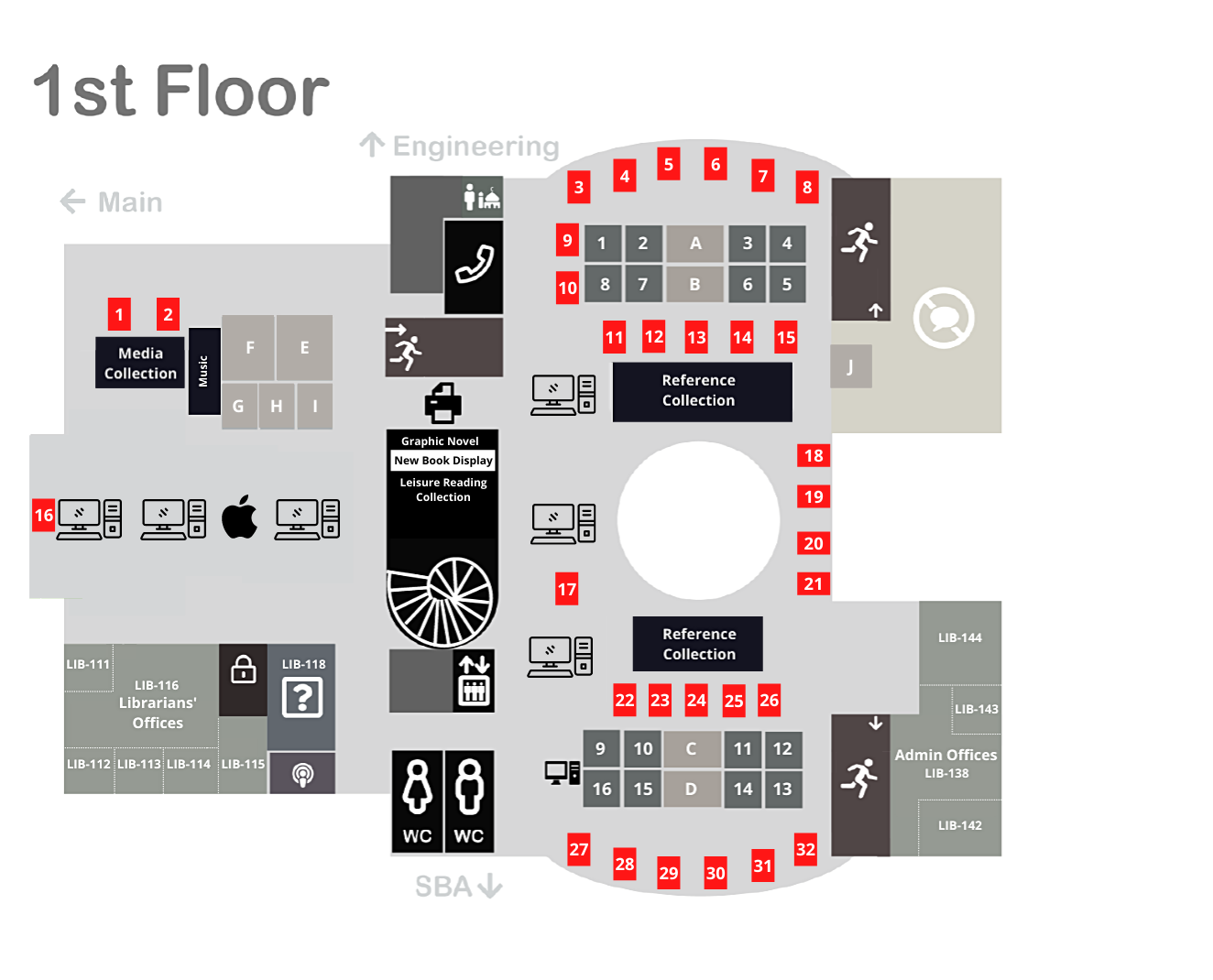 Library floor plan of group tables on the first floor map