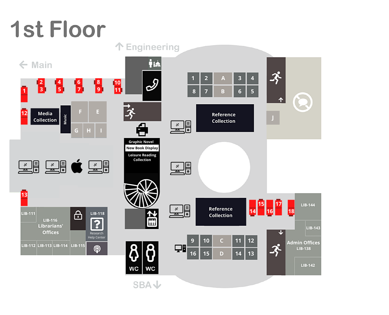 1st Floor Single Carrel Desk Map
